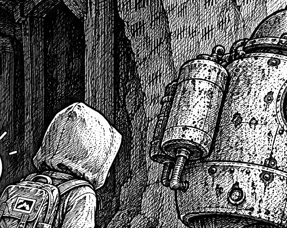 A detail of illustration 13 as it was generated, in soft grey