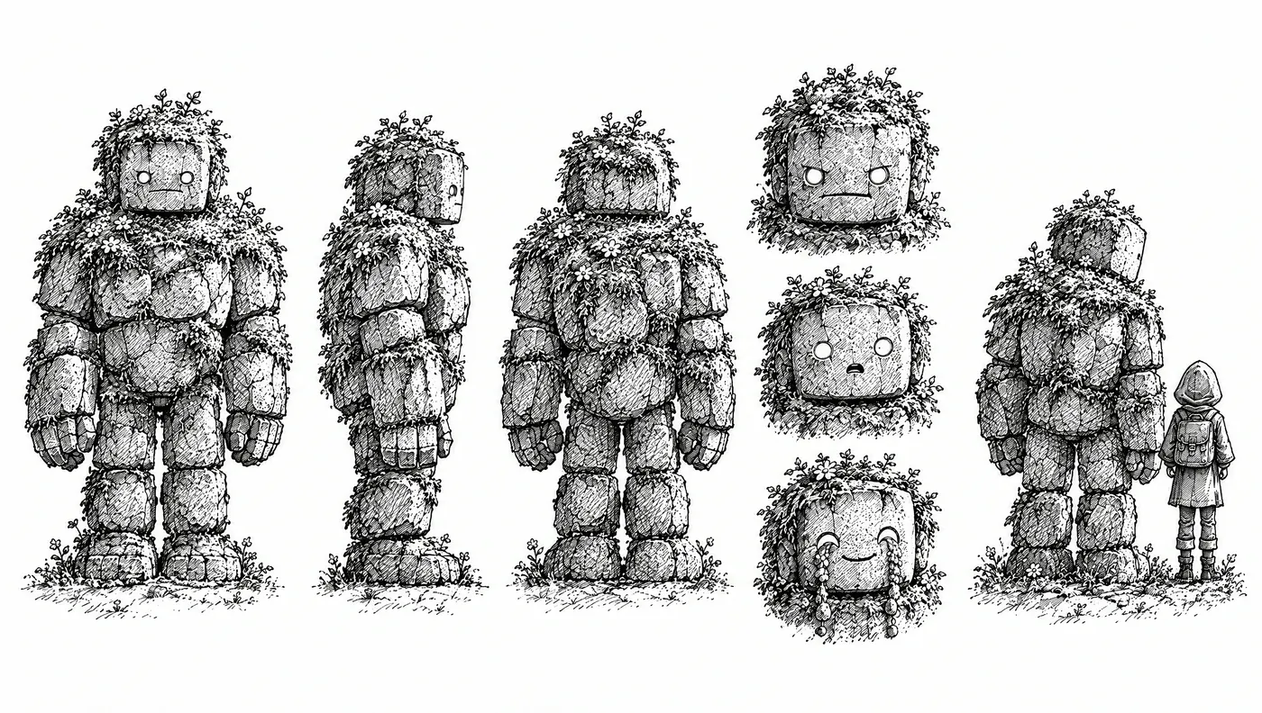 Reference sheet for Mason the stone golem, in ink