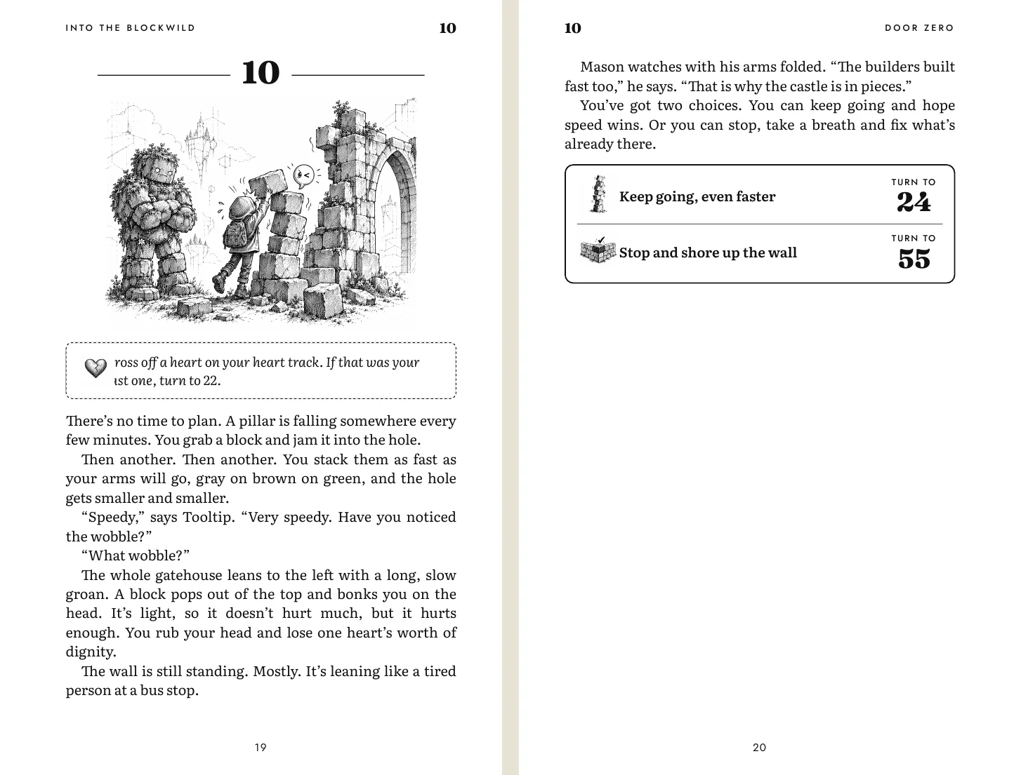 Two printed pages of section 10, Build Fast, with the heart rule, the story and two choices